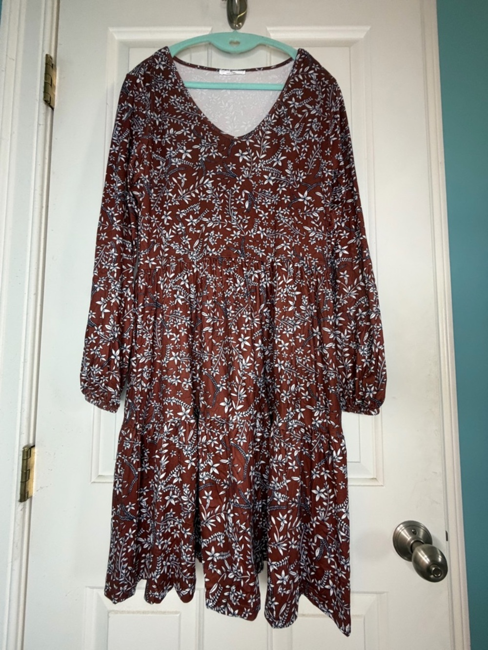 Boho Floral Tiered Babydoll Dress Rust Brown White Long Sleeve Size Large